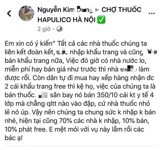 TK Facebook Nguyễn Kim Dung k&ecirc;u gọi c&aacute;c nh&agrave; thuốc kh&ocirc;ng nhập khẩu cũng kh&ocirc;ng b&aacute;n khẩu trang nữa. Ảnh chụp m&agrave;n h&igrave;nh