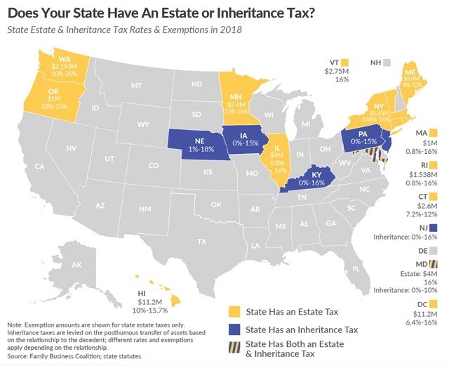 Quy định về mức thuế t&agrave;i sản (Estate tax) v&agrave; thuế thừa kế (Inheritance tax) tại c&aacute;c bang ở Mỹ. Ảnh:&nbsp;Taxfoundation.
