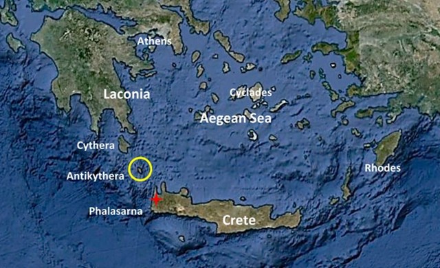 Vị tr&iacute; đảo Antikythera (khoanh tr&ograve;n m&agrave;u v&agrave;ng). Đồ họa: greece10best.com