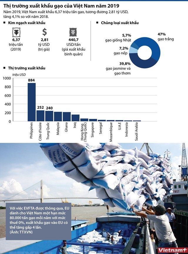 [Infographics] Các thị trường xuất khẩu gạo của Việt Nam năm 2019 - Ảnh 1
