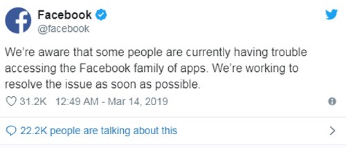 Facebook thừa nhận sự cố v&agrave; cho biết đang khắc phục.