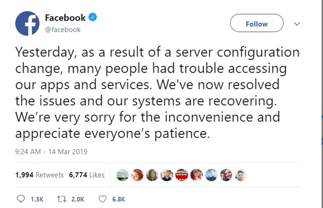 Facebook xin lỗi người d&ugrave;ng tr&ecirc;n Twitter