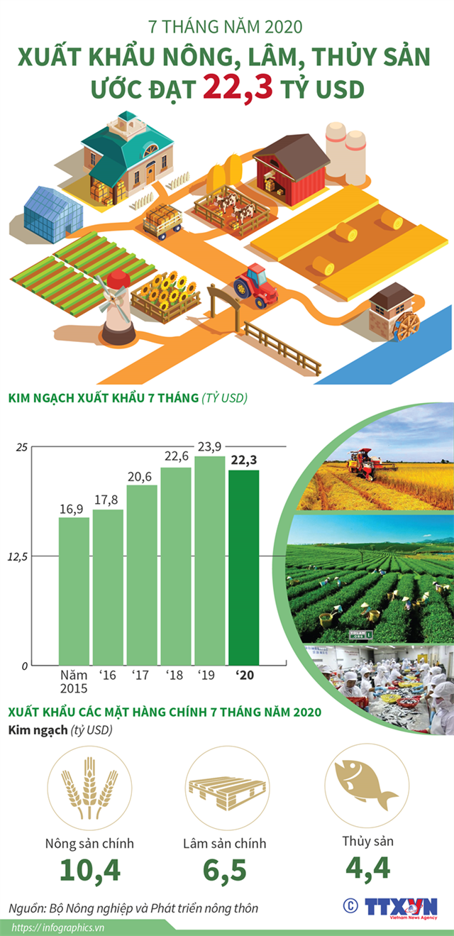 [Infographics] 7 tháng năm 2020: Xuất khẩu nông, lâm, thủy sản ước đạt 22,3 tỷ USD - Ảnh 1