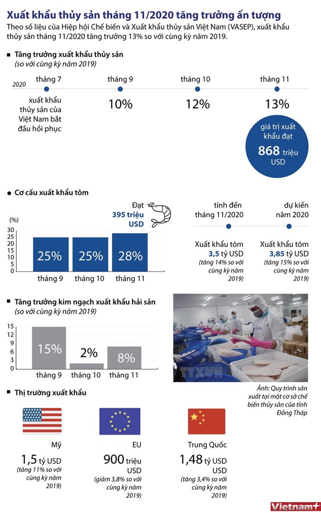 [Infographics] Xuất khẩu thủy sản tháng 11 tăng trưởng ấn tượng - Ảnh 1