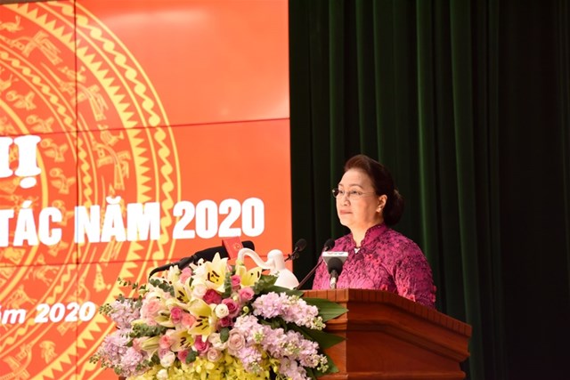 Chủ tịch Quốc hội Nguyễn Thị Kim Ngân phát biểu tại Hội nghị.