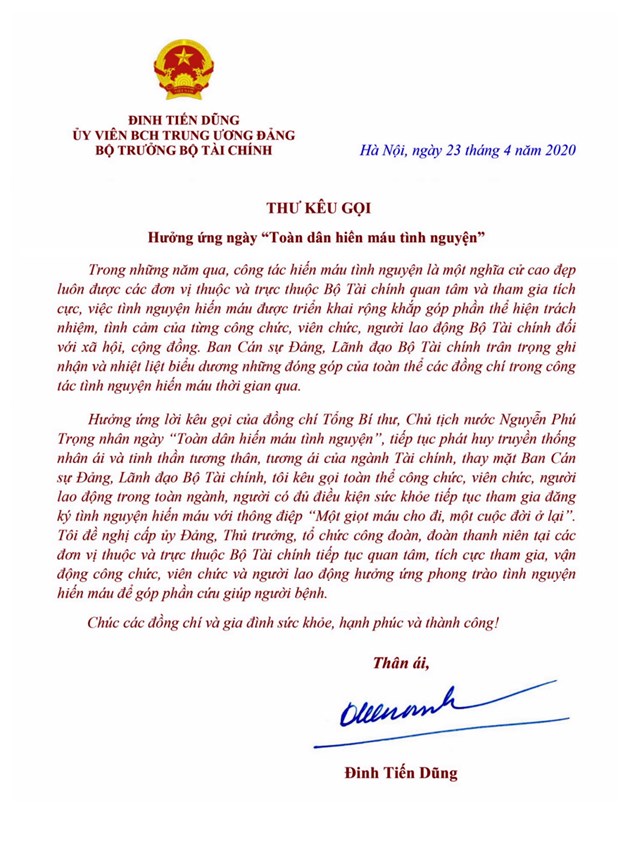 Bộ trưởng Đinh Tiến Dũng gửi thư kêu gọi cán bộ ngành Tài chính hiến máu tình nguyện - Ảnh 1