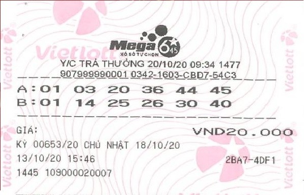 Tấm vé với dãy số trúng Jackpot 