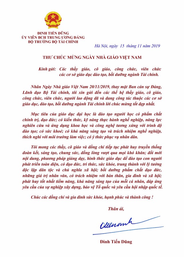Bộ trưởng Đinh Tiến Dũng gửi thư chúc mừng nhân Ngày Nhà giáo Việt Nam 20/11 - Ảnh 1