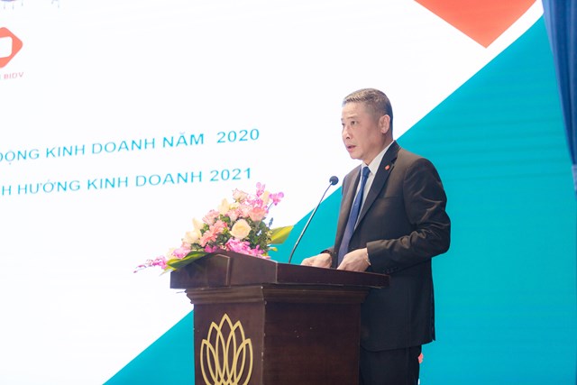 Tổng Gi&aacute;m đốc BIC Trần Ho&agrave;i An tr&igrave;nh b&agrave;y những kết quả hoạt động năm 2020 v&agrave; kế hoạch kinh doanh năm 2021 của BIC.