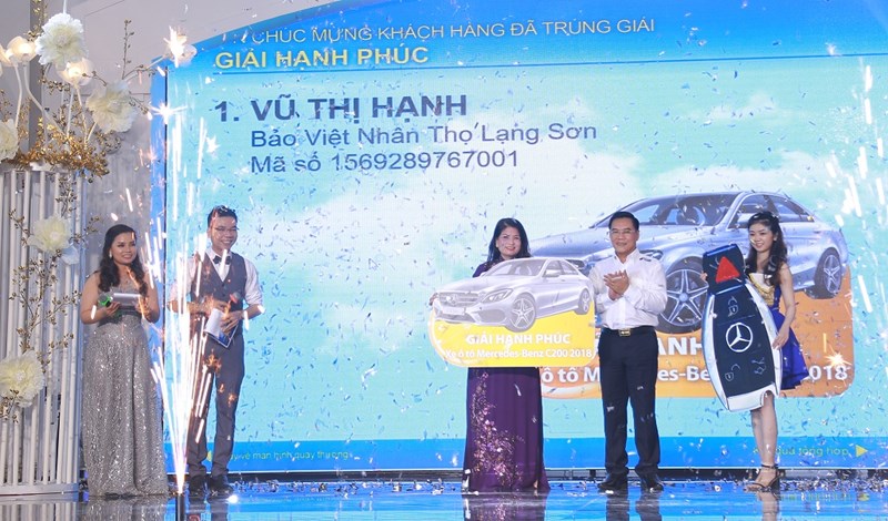 Ông Đỗ Trường Minh - Tổng Giám đốc Tập đoàn Bảo Việt trao biểu trưng cho đơn vị có khách hàng may mắn trúng thưởng ô tô Mercedes-Benz C200.