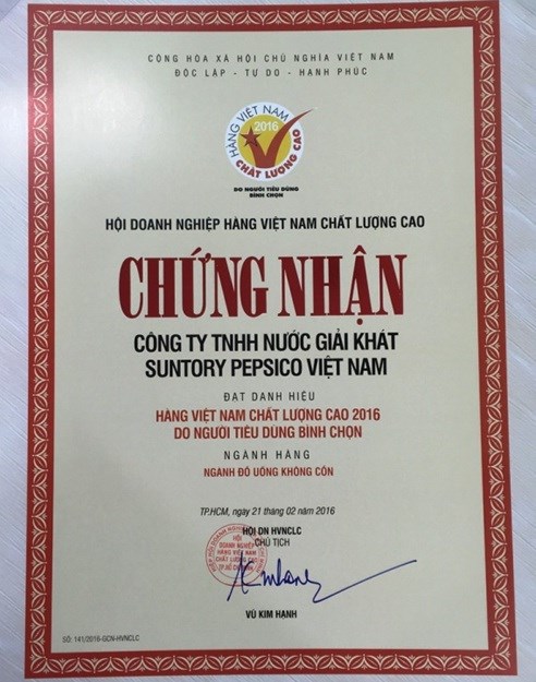 Suntory PepsiCo Việt Nam nhận được chứng nhận HVNCLC 2016