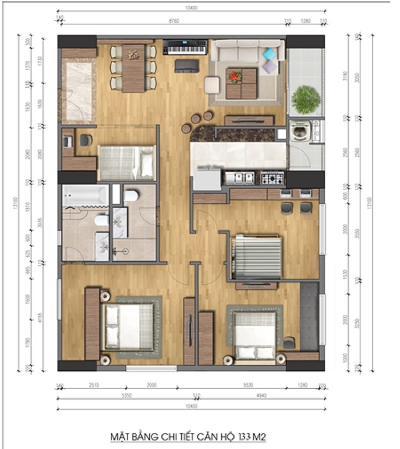 Mặt bằng chi tiết căn hộ 133 m2 4 phòng ngủ giá chỉ 3,1 tỷ đồng.