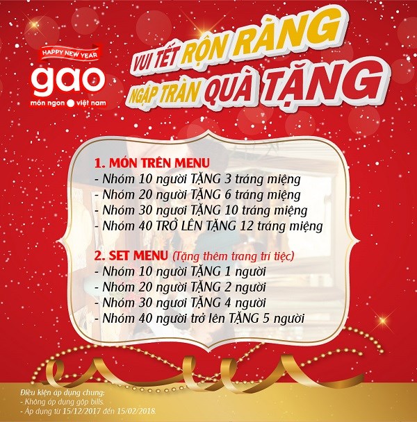 Ưu đãi “Vui Tết rộn ràng, ngập tràn quà tặng”dành cho tiệc nhóm vào dịp cuối năm tại Nhà hàng Gạo.