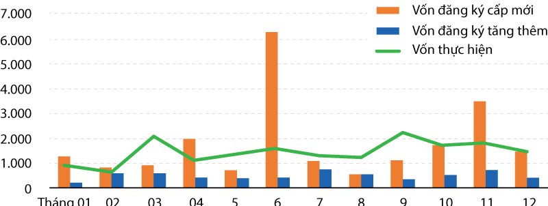 Hình 3: Đầu tư trực tiếp nước ngoài của Việt Nam các tháng năm 2017 (triệu USD)