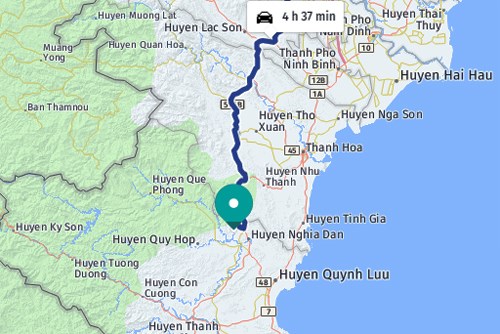 Xã Nghĩa Yên huyện Nghĩa Đàn (chấm xanh), cách trung tâm Hà Nội 4h37 phút nếu đi ôtô.