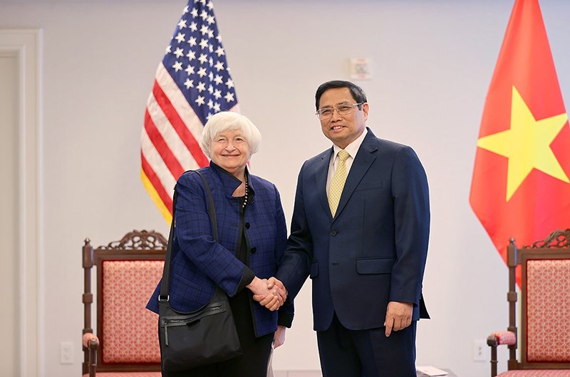 Thủ tướng Phạm Minh Ch&iacute;nh tiếp Bộ trưởng T&agrave;i ch&iacute;nh Mỹ Janet Yellen tại Thủ đ&ocirc; Washington, Mỹ&nbsp;