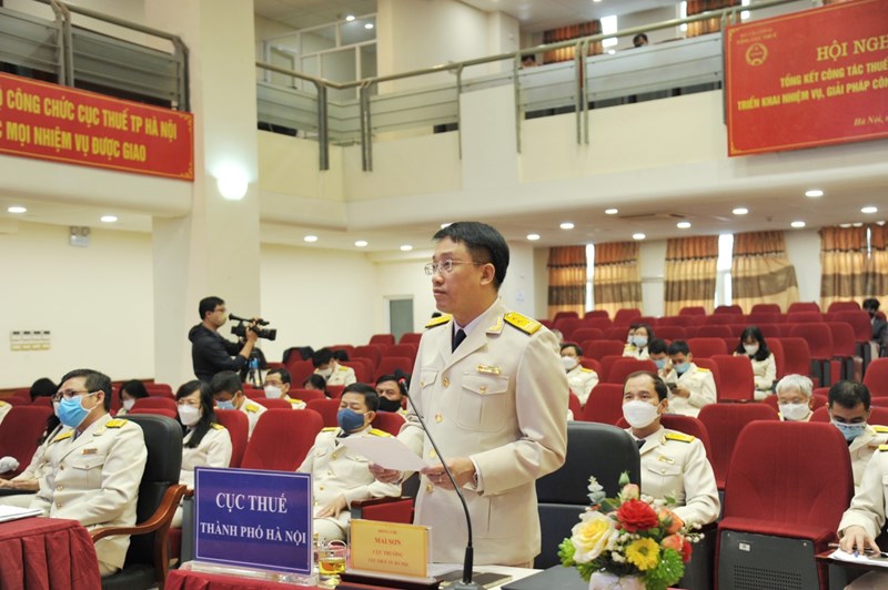Cục trưởng Cục Thuế TP. H&agrave; Nội Mai Sơn b&aacute;o c&aacute;o tham luận tại Hội nghị.