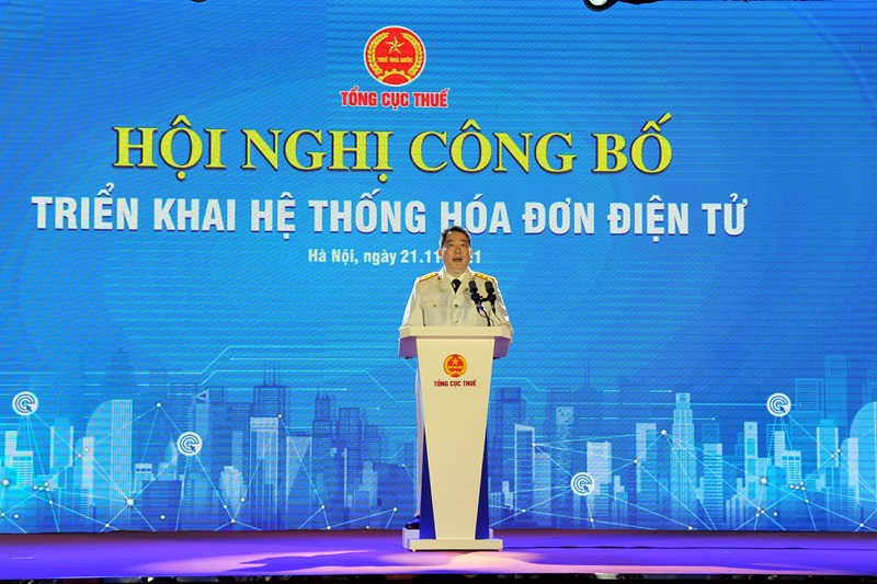 Tổng cục trưởng Tổng cục Thuế Cao Anh Tuấn ph&aacute;t biểu tại Hội nghị.